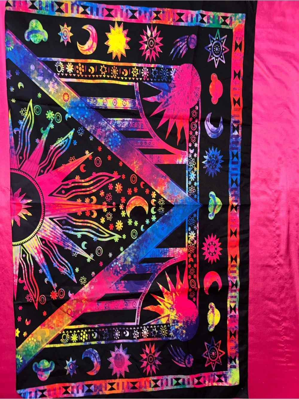 Vibrant Rainbow Sunburst Tapestry Scarf - Black Background